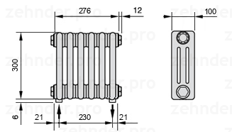 Схема (чертеж) Радиатор Zehnder Charleston 3030/6 №5310 Белый глянцевый RAL 9016